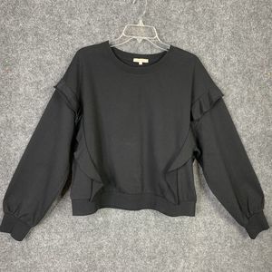 Z Supply Black Knit Ruffle Side Top Women L Boxy Long Sleeve